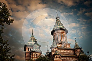 Steeple of the Timisoara Metropolitan Cathedral, or Catedrala Mitropolitana, at dusk. The Metropolitan Cathedral is the main