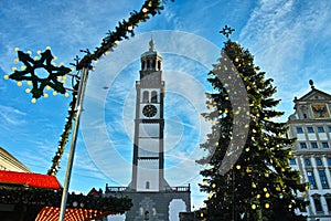 Steeple of tower Perlachturm with Christmas tree at historic market place