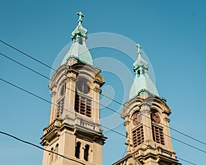 Steeples of Resurrection Roman Catholic Parish, in Cambria City Historic District, Johnstown, Pennsylvania