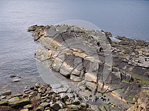 Steeply inclined, fractured rock strata on Sumburgh Head, south Shetland, UK - Hayes Sandstone Formation - Sedimentary Bedrock