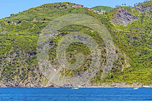 The steeply sloping Cinque Terre coastline culminates in the village of San Bernardino above Corniglia, Italy