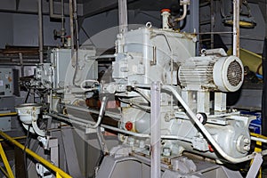 Steering gear. Rudder machine. Hydraulic pump. Marine engine. Steering room on big vessel