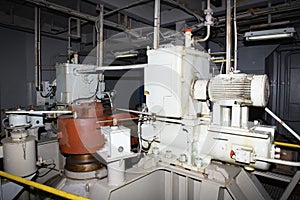 Steering gear. Rudder machine. Hydraulic pump. Marine engine. Steering room on big vessel