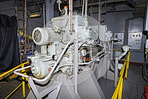 Steering gear. Rudder machine. Hydraulic pump. Marine engine. Steering room on big vessel