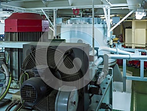 Steering gear. Rudder machine. Hydraulic pump. Marine engine. Steering room on big vessel