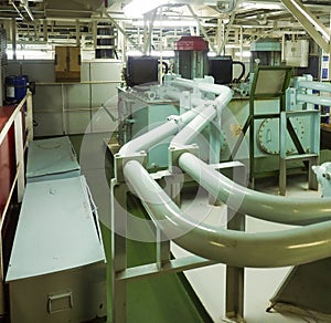 Steering gear. Rudder machine. Hydraulic pump. Marine engine. Steering room on big vessel