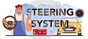 Steering system typographic header. Car repair service. Automobile