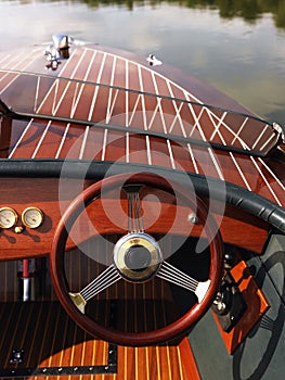 Steering wheel on boat.