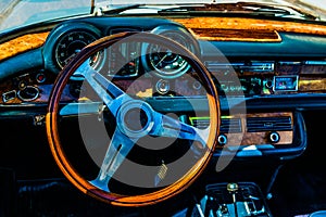 Steering wheel and a dushboard of a vintage luxury European car