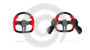 Steering wheel icon vector from sport race car with driver hand logo black and red color graphic illustration isolated image