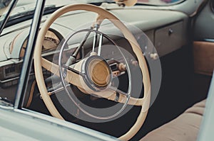 Steering wheel and inside interior of the retro soviet car