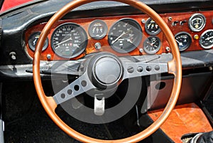 Steering wheel interior of vintage car