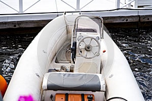 steering wheel on a luxury boat cabin