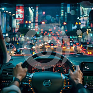 the steering wheel on night traffic jam city