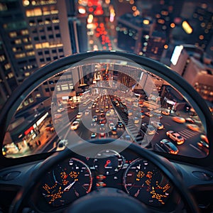 the steering wheel on night traffic jam city