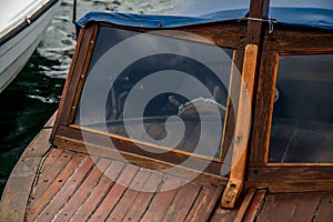 Steering wheel on an old boat