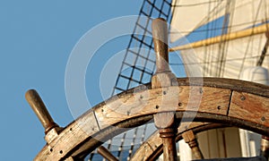 Steering wheel of a sailing ship. Yachting. Sailing