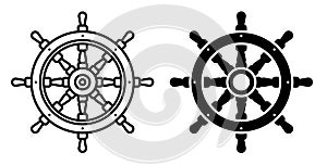 Steering wheel ship icon, fishing boat. Yacht management at sea. Simple black and white vector