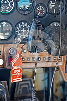 The steering wheel of a small Cessna