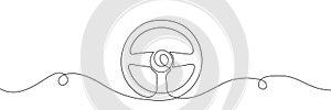 Steering wheel symbol in continuous line drawing style. Abstract background
