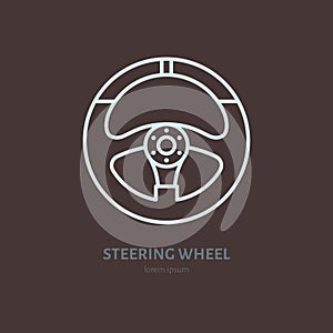 Steering wheel vector line icon. Car racing logo, driving lessons sign. Automobile parts illustration