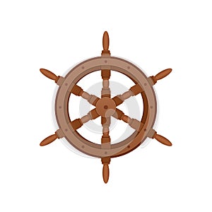 Steering wooden wheel for ship. Sea voyage on water.