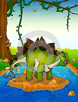 Stegosaurus on the background of a waterfall.