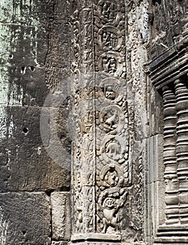 Stegosaurus dinosaur carving on the wall in Ta Prohm temple, Siem Reap, Cambodia photo