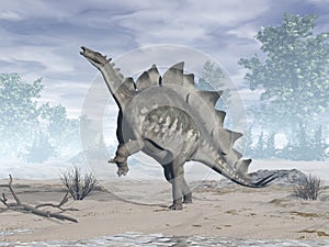 Stegosaurus dinosaur in the desert - 3D render