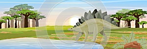 Stegosaurus near the lake. Prehistoric animals and plants. Vector landscape