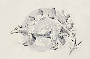 Stegosaurus pencil drawing on old paper, Original hand draw.