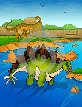 Stegosaurus on the river background