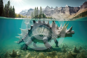 stegosaurus swimming in crystal-clear lake