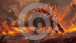 A stegosaurus uses its plated back as a shield against the scorching lava flows navigating the treacherous landscape