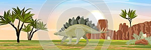 Stegosaurus in the valley with stony rocks. Prehistoric animals and plants. Vector landscape