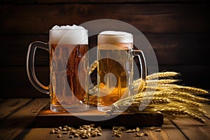 steins of wheat and lager beer side by side on a wooden table