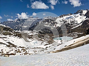 Steisee on Susten Pass. Glacier from the Steingletscher to the Sustenhorn. spring in the mountains. Sustenpass Bern