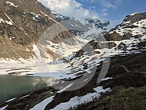 Steisee on Susten Pass. Glacier from the Steingletscher to the Sustenhorn. spring in the mountains. Sustenpass Bern