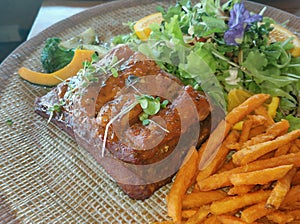 Stek and salad at the resturant in Chiangmai,north of Thailand.