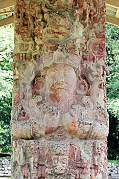 Stela C, beautifully carved in 711 AC, at the Mayan archeological site of Copan, Honduras