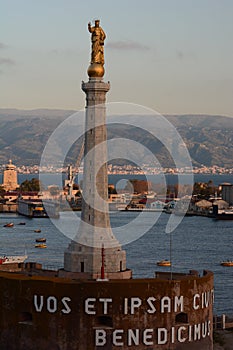 Stele della Madonna della Lettera, at the entrance of the Port of Messina. Sicily. Italy