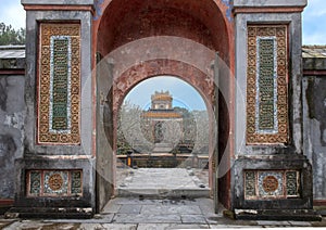 The Stele Pavilion from inside the sepulcher in Tu Duc Royal Tomb, Hue, Vietnam