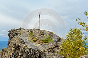 Stella rocket in honor of Gagarin`s flight on mountain Kachkanar. The Urals. Russia