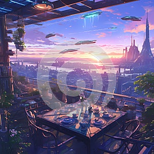 Stellar Cityscape at Sunset - A Futuristic Vantage Point