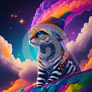 Stellar Whispers: AI-Generated Portraits of a Margay in a Rainbow Cloud