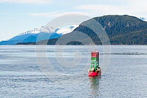 Steller sea lions resting on a navigational buoy in Alaska