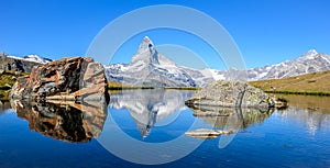 Stellisee - beautiful lake with reflection of Matterhorn - Zermatt, Switzerland