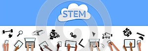 STEM Banner Science Technology Engineering Maths Device Tablets Cloud and Hands