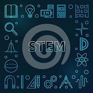 STEM blue square frame. Vector science outline illustration