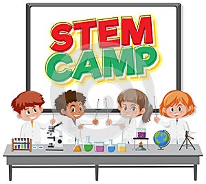 Stem camp logo with kids wearing scientist costume isolated